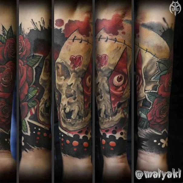 Иллюстративная Skull, Roses tattoo на Предплечье