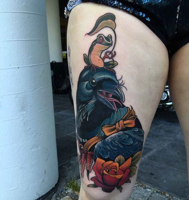 Neo Traditional Crow, Frog tattoo on Thigh
