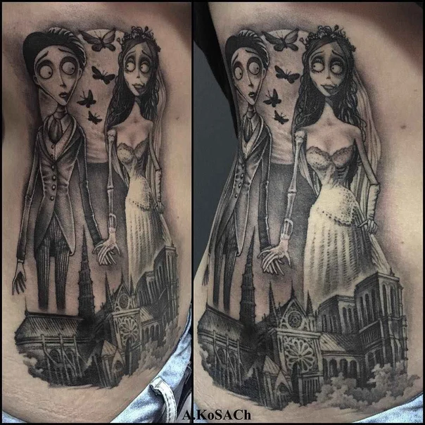 Чёрно-серая Characters, Architecture tattoo на Side