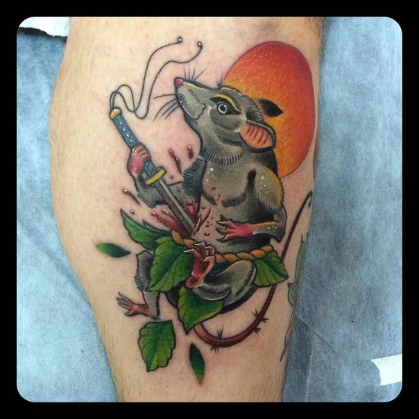 Нео-традиционная Rat, Sword tattoo на Thigh