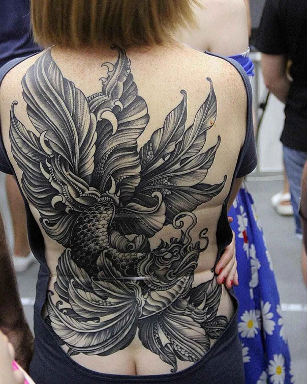 Японская Dragon, Fish tattoo на Спина (полная)