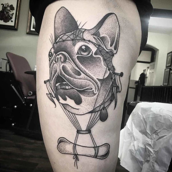 Black & Grey Dog, Bone tattoo on Thigh