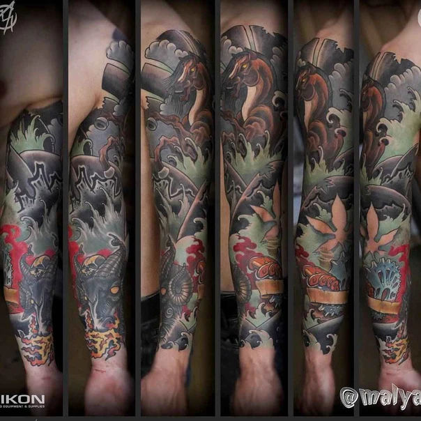 Японская Demon, Horse tattoo на Полный рукав