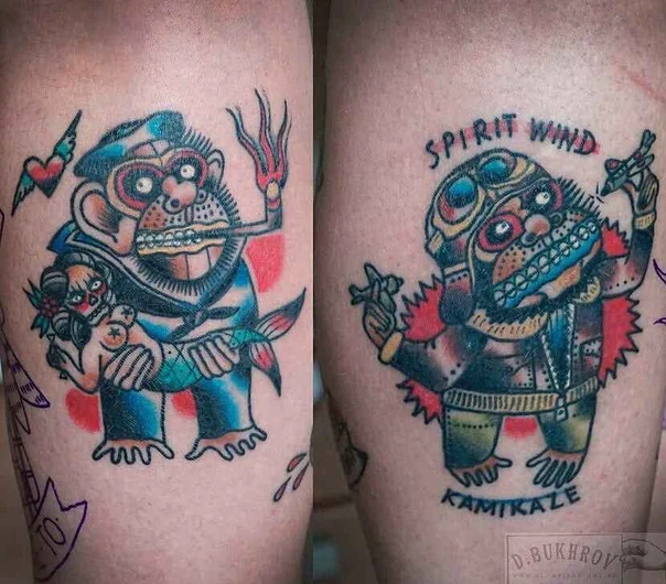 Old School Monkey, Sailor tattoo on Thigh