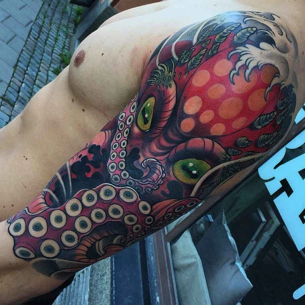 Japanese Octopus, Wave tattoo on Full Sleeve