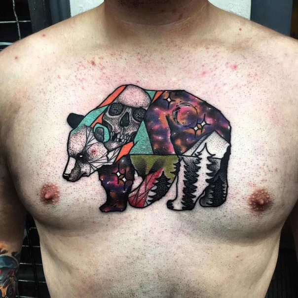 Illustrative Bear, Skull tattoo on Chest