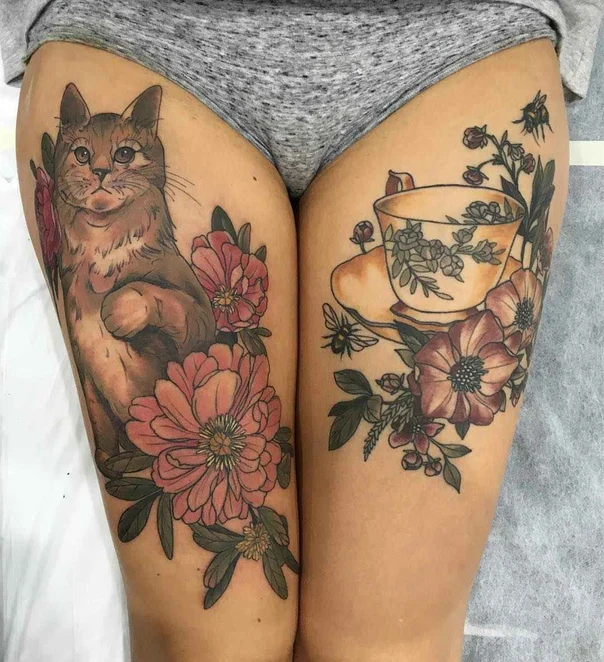 Illustrative Cat, Flowers tattoo on Thigh