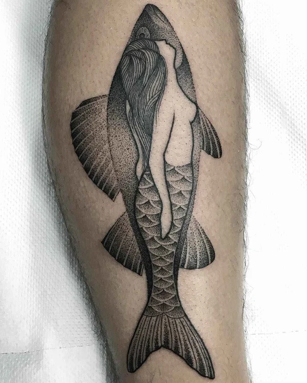 Blackwork Mermaid, Fish tattoo on Calf