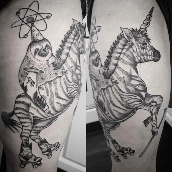 Illustrative Sloth, Zebra tattoo on Thigh