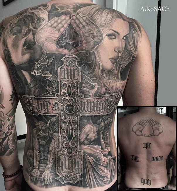 Реализм Cross, Portrait tattoo на Спина (полная)