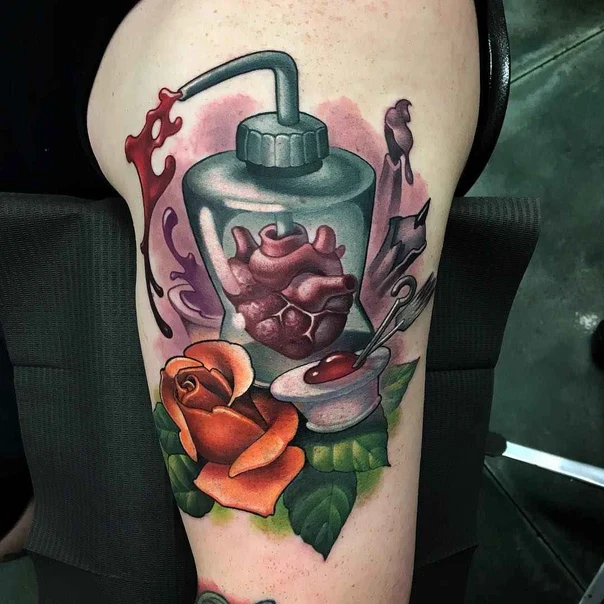 Neo Traditional Heart, Rose tattoo on Thigh