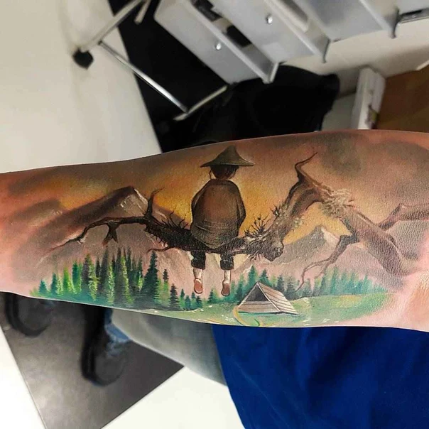 Illustrative Landscape, Figure tattoo on Forearm