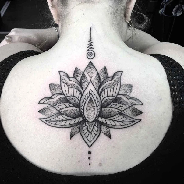Dotwork Lotus, Sacred geometry tattoo on Upper Back