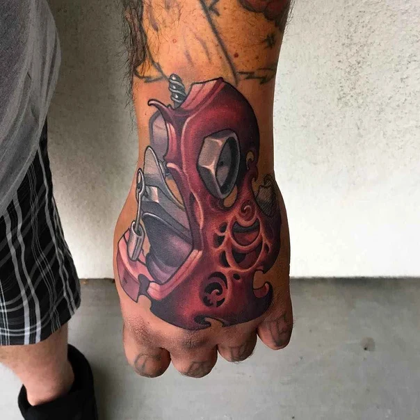 Illustrative Gas mask, Mechanical tattoo on Back of Hand