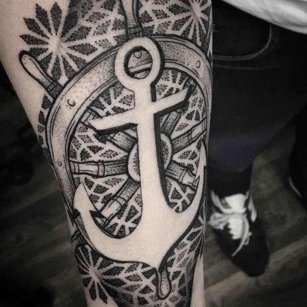 Blackwork Anchor, Wheel tattoo on Forearm