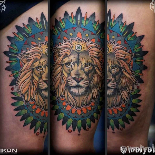 Нео-традиционная Lion, Mandala tattoo на Thigh