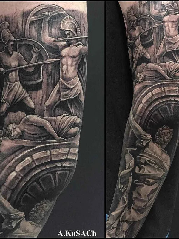 black and grey realism Tatuaggio su full sleeve #3373 | Tatuatore Александр Косач