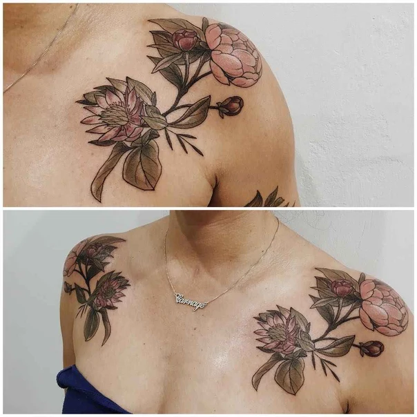 Botanic Flower, Leaves tattoo on Shoulder