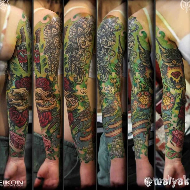 Нео-традиционная Roses, Skull tattoo на Полный рукав