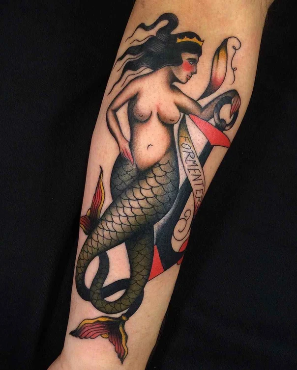 Традиционная Mermaid, Anchor tattoo на Предплечье