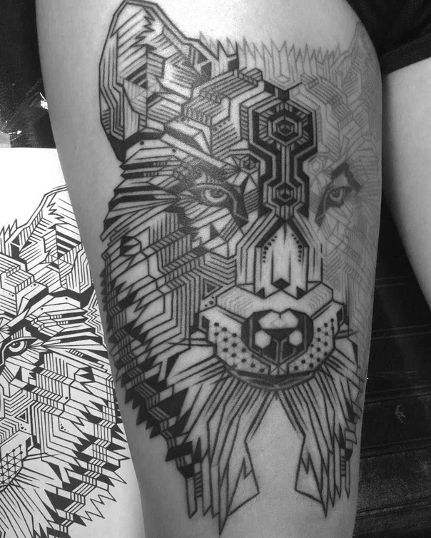 Geometric Wolf tattoo on Thigh