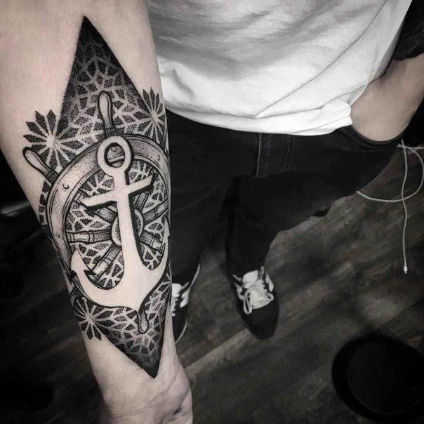 Blackwork Anchor, Compass tattoo on Forearm