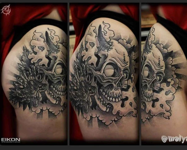 Чёрно-серая Skull, Flower tattoo на Thigh