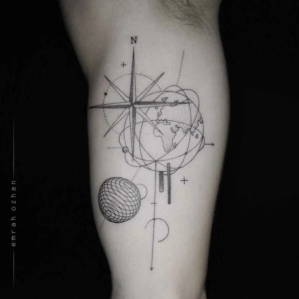 Geometric Compass, Globe tattoo on Forearm