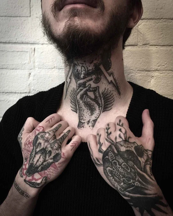 Blackwork Skull, Hand tattoo on Neck