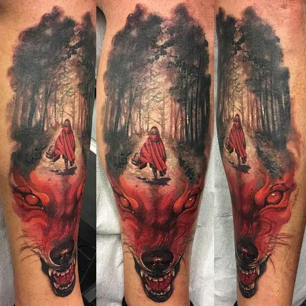 Realism Wolf, Forest tattoo on Calf