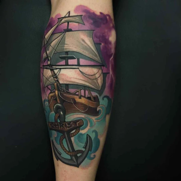 Illustrative Ship, Anchor tattoo on Calf