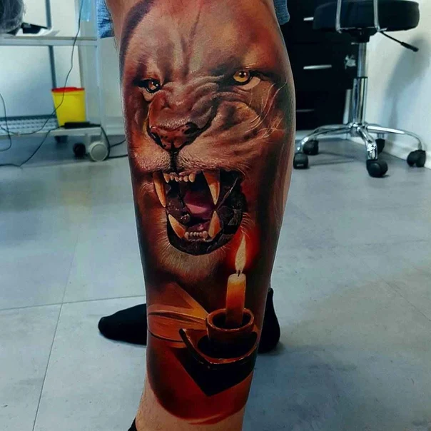 Realism Lion, Candle tattoo on Calf