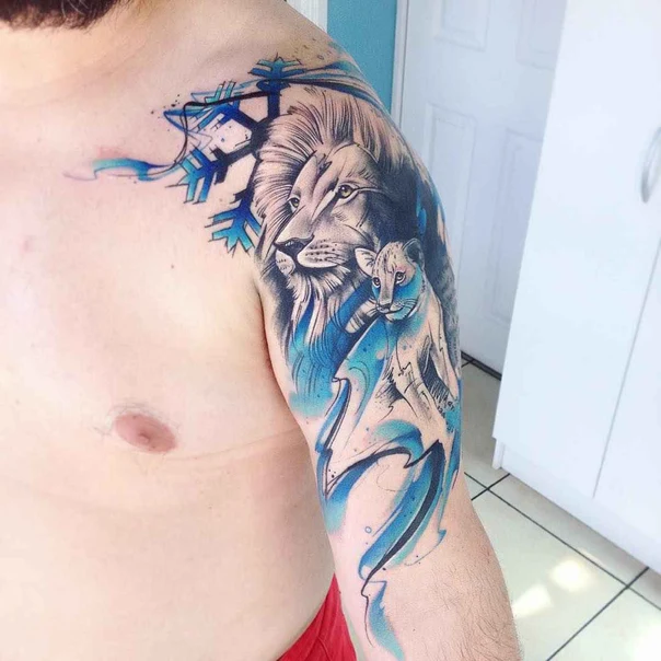Realism Lion, Cub tattoo on Upper Arm