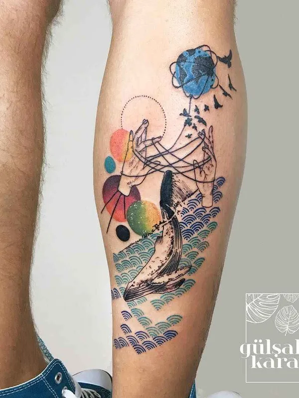color illustrative 纹身 在 calf #4679 | 纹身师 Gülşah KARACA