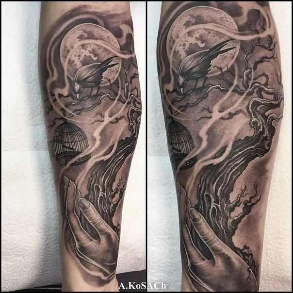 Чёрно-серая Bird, Moon tattoo на Предплечье
