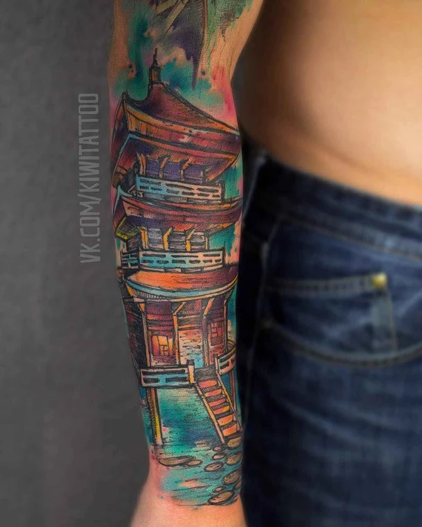 Японская Pagoda, Landscape tattoo на Полный рукав