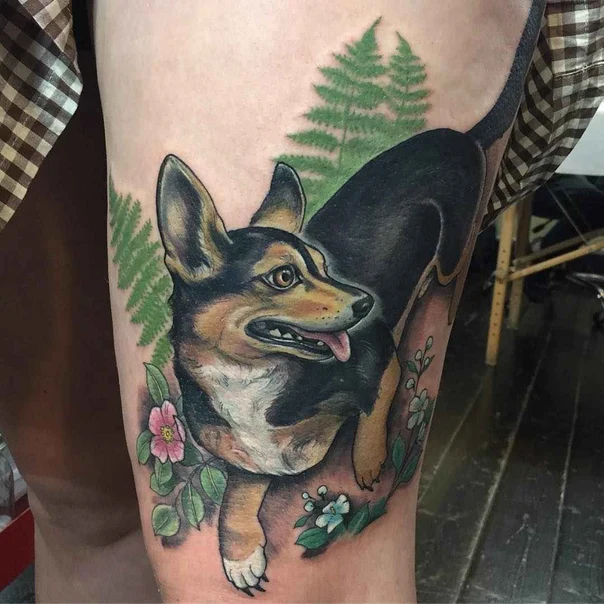 Realism Dog, Flowers tattoo on Thigh