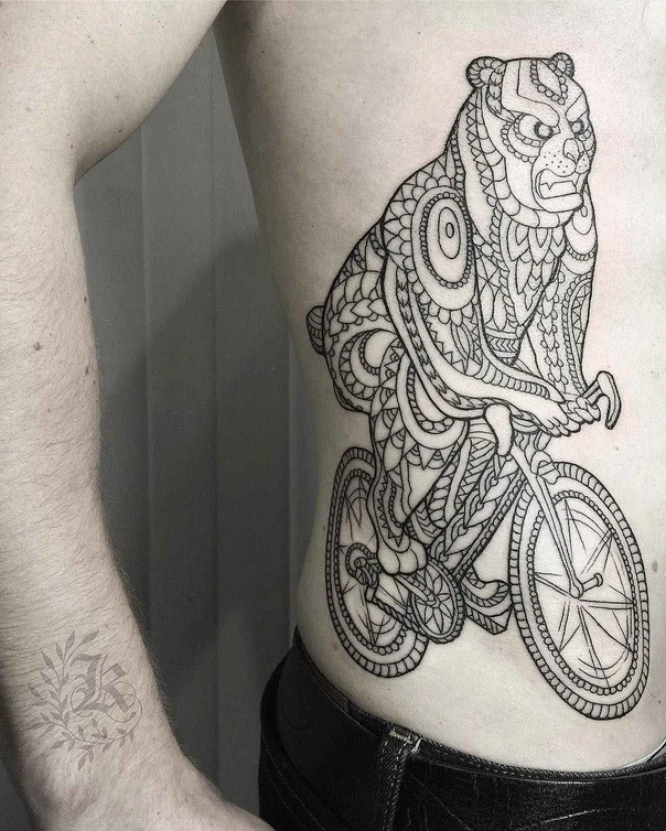 Linework Bear, Bicycle tattoo on Side