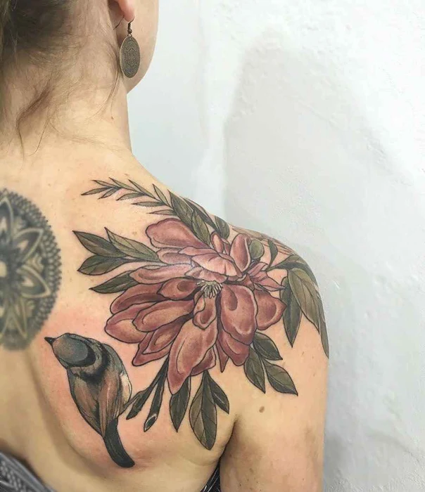 Botanic Flower, Bird tattoo on Shoulder Blade