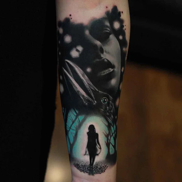 Black & Grey Face, Crow tattoo on Forearm