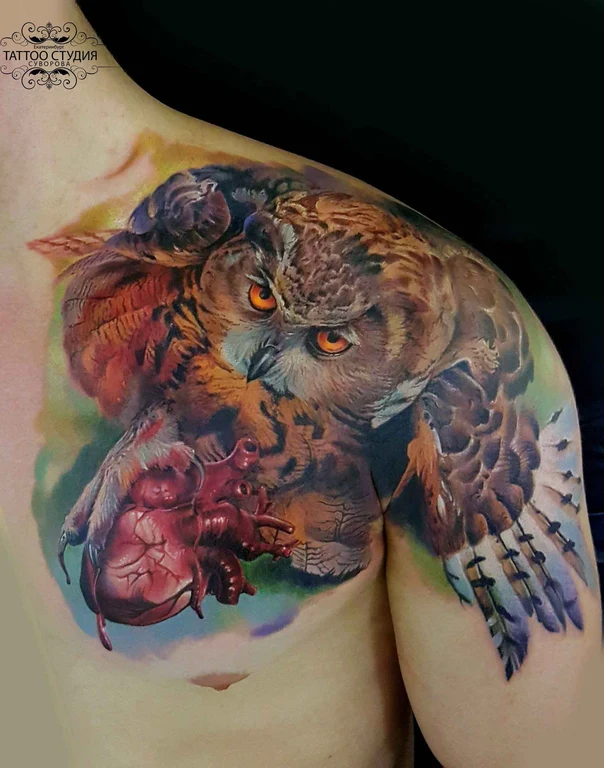 Реализм Owl, Heart tattoo на Грудь