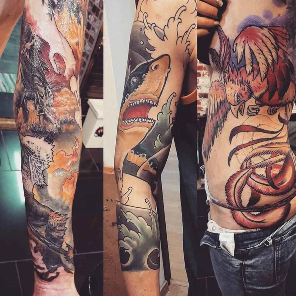 Japanese Shark, Phoenix tattoo on Full Sleeve