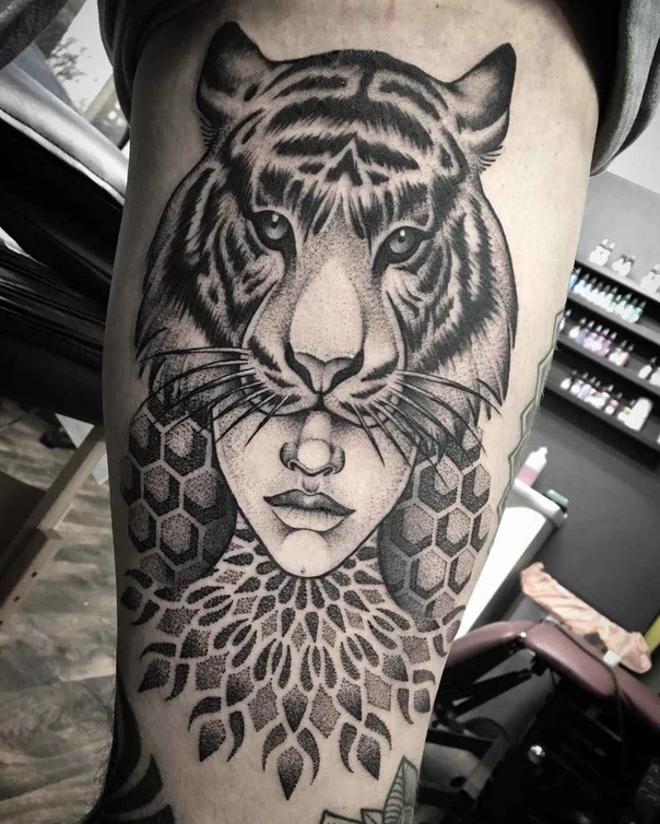 Black & Grey Tiger, Face tattoo on Thigh