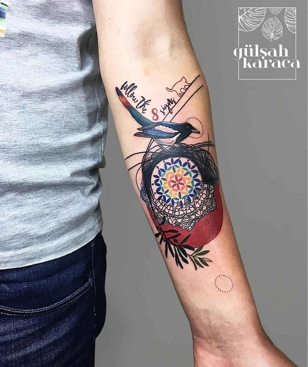 Illustrative Bird, Mandala tattoo on Forearm