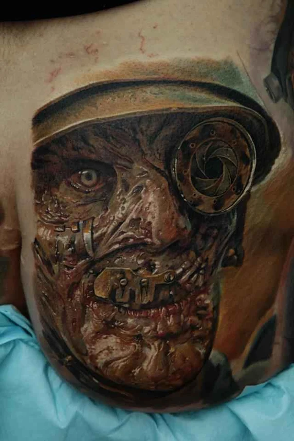 Biomechanical Face, Mechanical tattoo on Shoulder