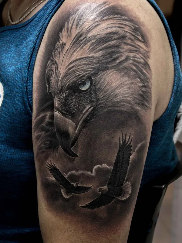 black and grey realism татуировка на upper arm #2831 | Тату мастер Максим Денисенко