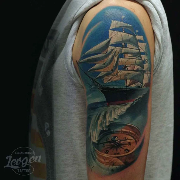 Realism Ship, Compass tattoo on Upper Arm