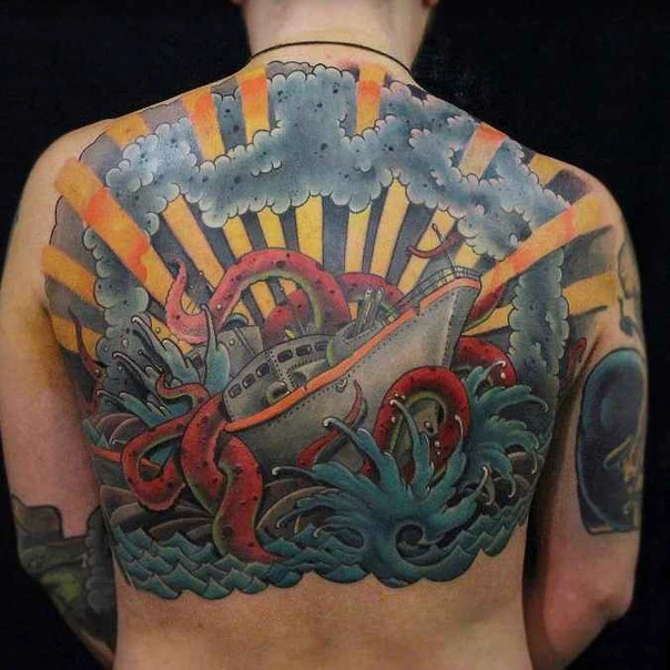 Японская Kraken, Ship tattoo на Спина (полная)