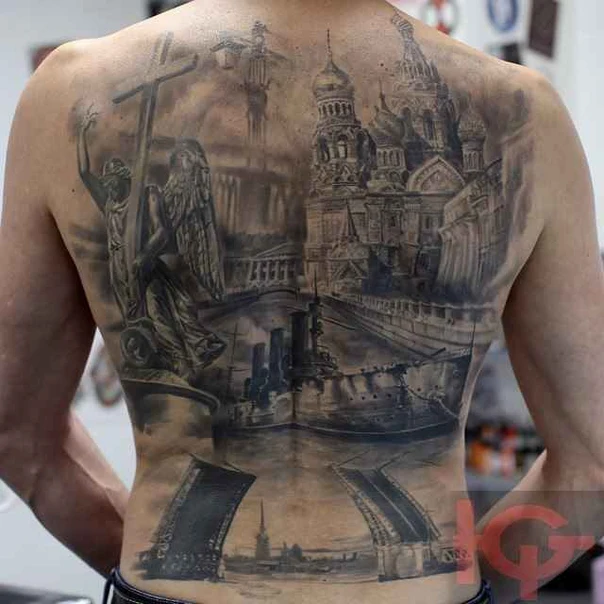 Реализм Architecture, Angel tattoo на Спина (полная)