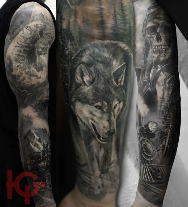 Реализм Wolf, Bear tattoo на Полный рукав